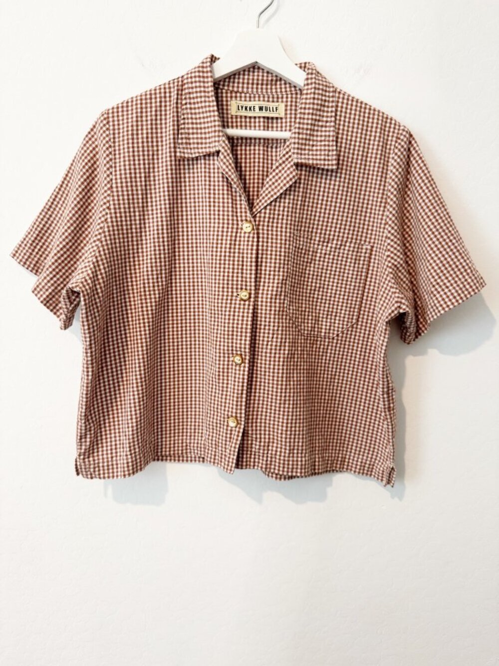 Lykke Wullf Gingham Button Up Shirt Size Large Brown Checkered Collar Retro Boho